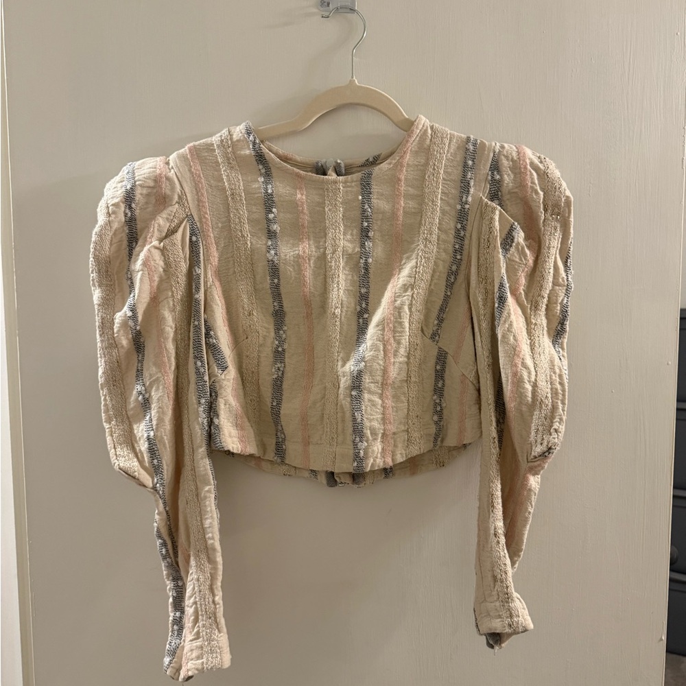 KOCH Textured Puff Sleeve Stripe Crop Top | Size L | Boutique Designer